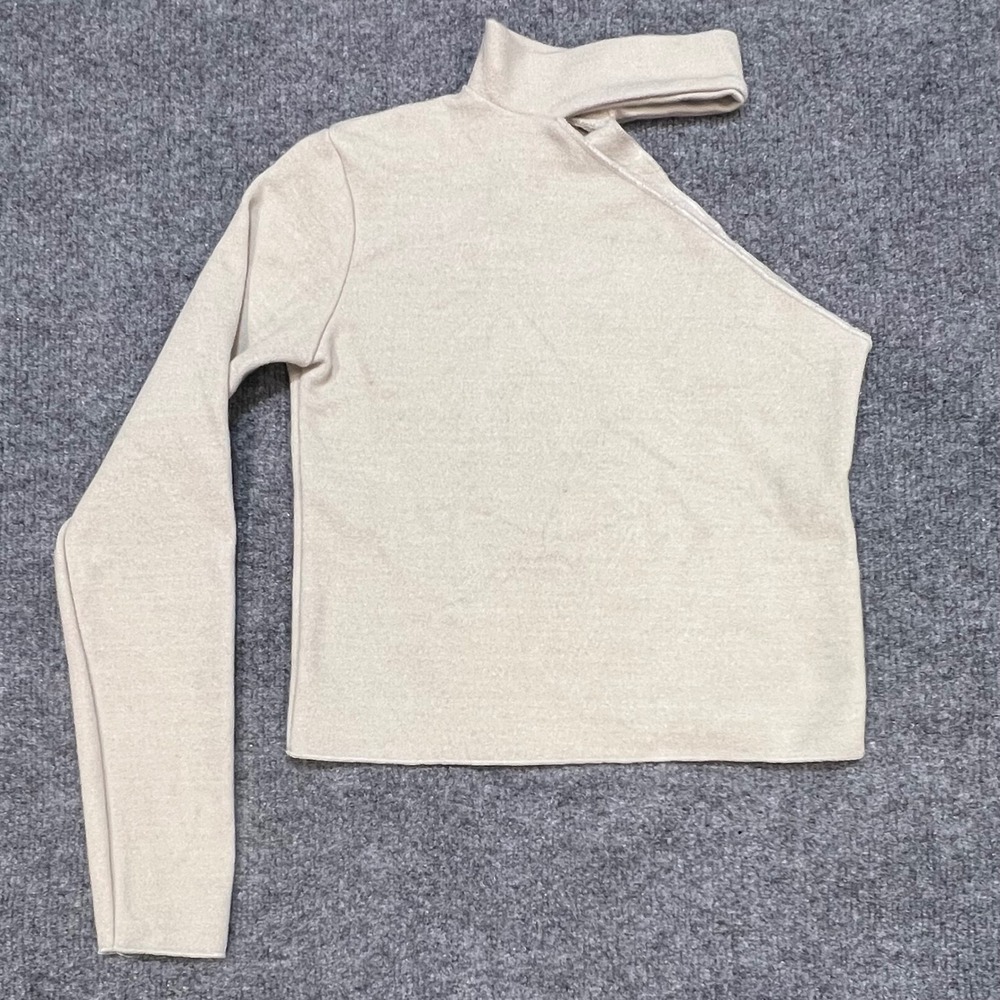 Zara One Shoulder Top Women Small Beige Cutout Mock Neck Asymmetric Long Sleeve